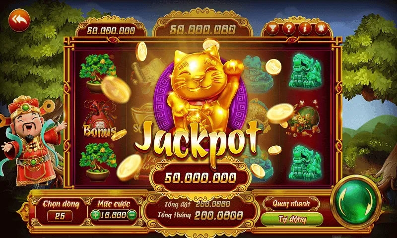 Hình ảnh game nổ hũ Jackpot lũy tiến với biểu tượng tiền bạc và sự giàu có.